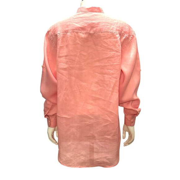 CCC Pastel Pink Button Up Long Sleeve Linen Tunic Top With Mandarin Collar Large - Picture 3 of 6